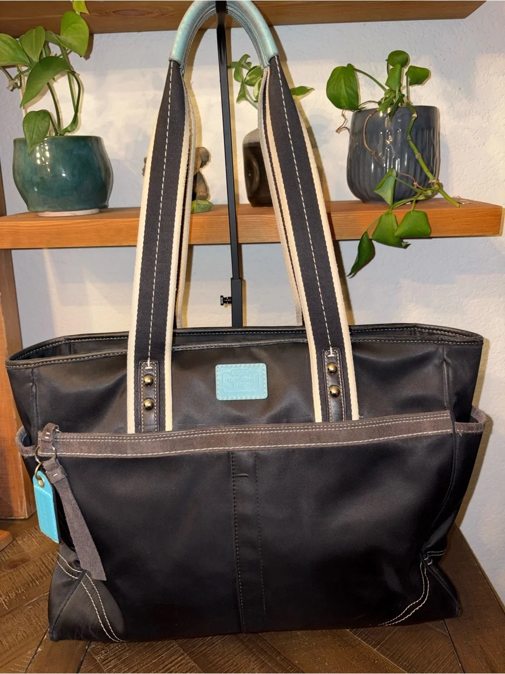 Coach Black Signature Nylon Tote | Blue Leather Trim | Large